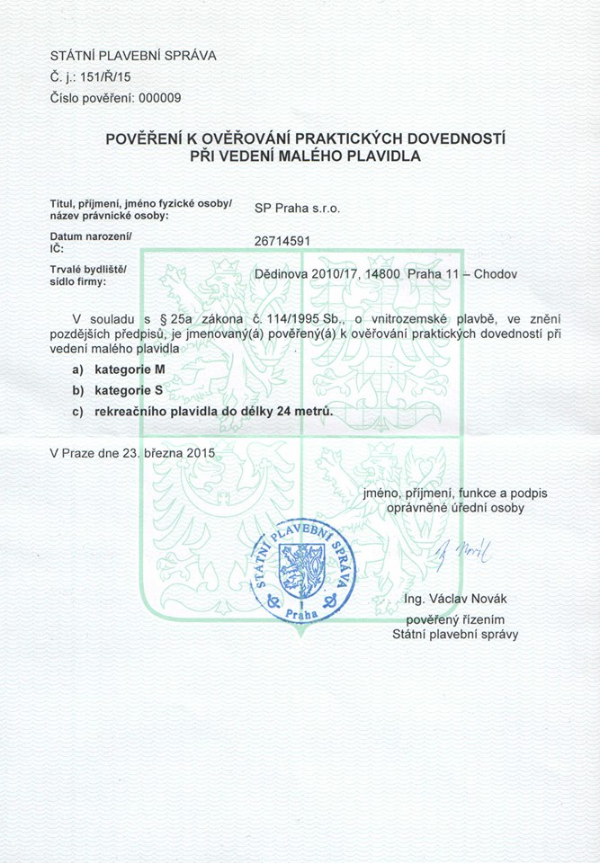 Certifikát státní plavební správy